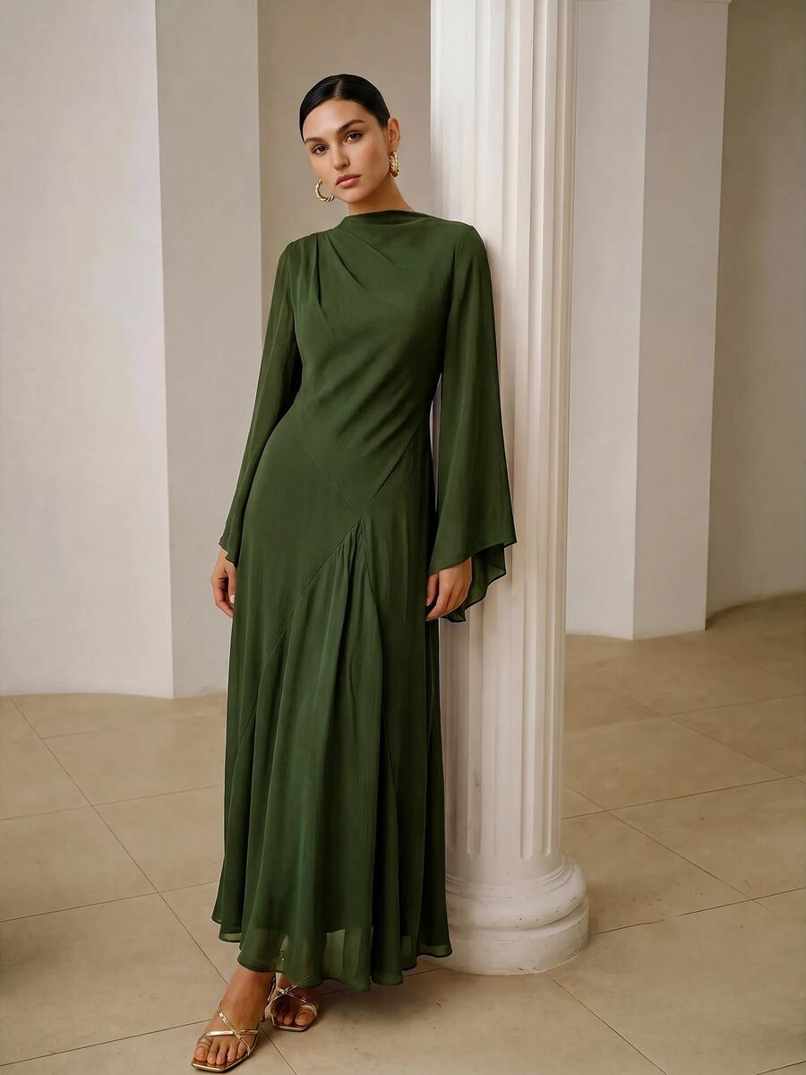 ZEYLAH Asymmetrical Fitted Diagonal Cut Long Dress With Oversized Sleeves, Spring - Army Green - View 1