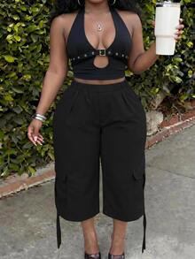 Slaydiva Plus Size Casual Versatile Ruched Tie-Up Capri Pants - Black - View 5