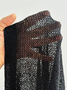 Sunspun Women Plus Size Hollow Out Sheer Mesh Knit Sweater, Long Sleeve Loose See Through Top, Y2K Gothic Luxe Halloween Going Out Cocktail Black Autumn - Black - View 7