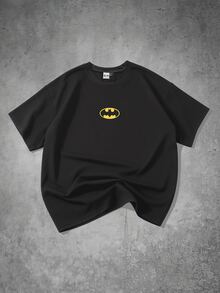 BATMAN X SHEIN Manfinity EMRG 男士休閒日常穿著，外出必備，INS風格，年輕街頭風，極簡寬鬆版型T恤 - 黑色 - 查看 1