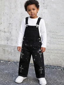 Boys' Black Denim Overalls With Adjustable Metal Buckle Straps, All-Over Rhinestone Cross Pattern Decor, Loose Straight Leg Jumpsuit, Y2K Streetwear Casual Pants For Back To School, Street Style, Party, Daily Wear - Black - View 6