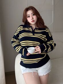 Vibekara Sweater Polo Lengan Panjang Kerah Lipat Motif Garis-Garis Retro American Lazy Musim Gugur/Dingin - MultiWarna - View 6