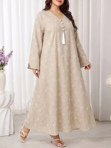 Al Najma Plus Size Women's Floral Embroidered Tassel Design Long Sleeve Elegant Arabian Dress - Khaki - View 6