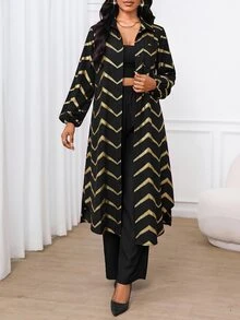 SHEIN Lady 女款金色箔波浪條紋長襯衫與長褲休閒兩件套 - 黑色 - 查看 6