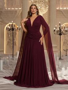Glamrae Plus Size Elegant Luxurious Angora Red V-Neck Flutter Sleeve Ruched Twist A-Line Evening Gown, Suitable For Evening Party, Date, Vacation, Wedding, Event, Guest Dress - Burgundy - View 6