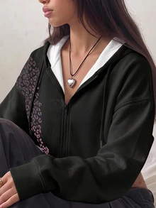 SHEIN EZwear 女款豹紋落肩長袖拉鍊連帽抽繩運動衫 - 彩色 - 查看 4