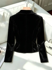 GlowEve 女款秋冬時尚黑色天鵝絨通勤西裝外套，收腰設計，時尚奢華優雅夾克，適合日常穿著、晚餐、商務辦公 - 黑色 - 查看 2