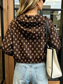 SHEIN PariChic Women's Regular Jacket, Long Sleeve, Hooded Design, Front Zipper, Elastic Cuffs, Pleated Design, Lined; Fashion Print Fabric, And Novel, Commute Street, Street Style. - Multicolor - View 2