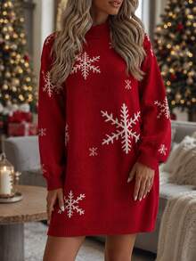 SHEIN Women's Autumn/Winter Casual Loose Straight High Neck Christmas Snowflake Pattern Long Sleeve Knit Dress - Red - View 5