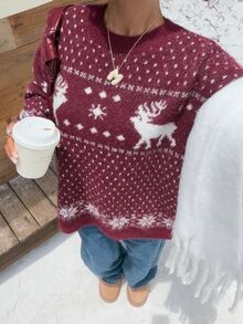 Muchica A Retro-Style Red Women's Knit Pullover Featuring A Polka-Dot Pattern; Also Suitable For Wearing On Halloween.Festival Outfits For Women - Burgundy - View 3