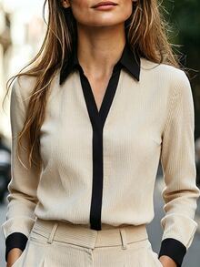 SHEIN Women's Elegant Patchwork Contrast Color Design Long Sleeve Corduroy Shirt - Apricot - View 1