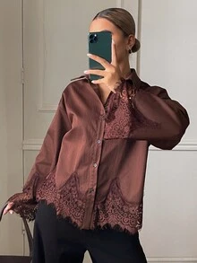 DAZY Blus Wanita Lengan Panjang Longgar dengan Hiasan Renda Kontras, Kasual untuk Liburan Musim Semi dan Gugur - Coklat - View 4