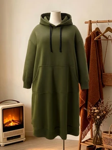 Rusticease Plus Size Army Green Drawstring Pocket Hooded Long Sleeve Sweatshirt Fall Winter 2026 - Army Green - View 10