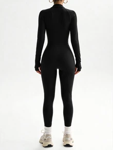 Slayform Slayform Women's Zipper Front Long Sleeve Fitted Sports Sporty Sexy Jumpsuit Gym Black And White Autumn Running Fitness Workout Outfits Autumn - Black and White - View 2