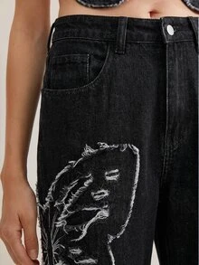 Anewsta Women's Personalized Fashionable Luxurious Embroidered Straight Leg Jeans - Black - View 2