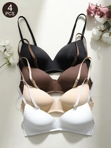 SHEIN 4 قطع حمالات صدر بدون سلك بلون موحد بدون خياطة بفتحة V عميقة ناعمة وصديقة للبشرة للاستخدام اليومي - متعدد الألوان - مشاهدة 4