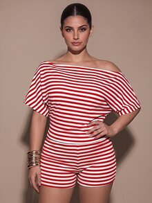 SHEIN BAE CURVE 大尺碼女款黃色不對稱單肩無袖上衣與迷你短褲2件套 - 紅色 - 查看 5