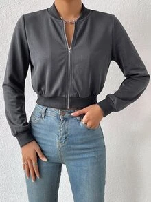 SHEIN EZwear 春季服飾 素色拉鍊短版飛行夾克 - 深灰色 - 查看 3