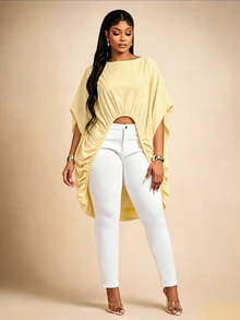 Brilight Batwing Sleeve Front Elastic Ruched Cutout Oversized Elegant Loose Blouse For Beach Going Out Vacation Casual Streetwe Pale Yellow Summer - Light Yellow - View 5
