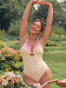 Swim Mod 2026 New Spring/Summer Plus Size One-Piece Polka Dot Random Print Large Scoop Neck Front Center White Ring Design Dual-Color Detachable Shoulder Strap Women's One-Piece Swimsuit Suitable For Beach Vacation Wear - Multicolor - View 6
