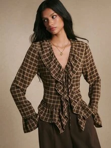 Poéselle Women's Plaid Ruffle Collar Flared Sleeve Fashion Blouse - Coffee Brown - View 3