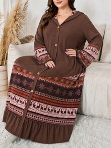 Lacomfia Autumn/Winter Elegant Casual Element Patchwork Hooded Collar Button Flared Sleeve Gathered Hem Knit Textured Long Sleeve Plus Size Women's Long Dress - Multicolor - View 1