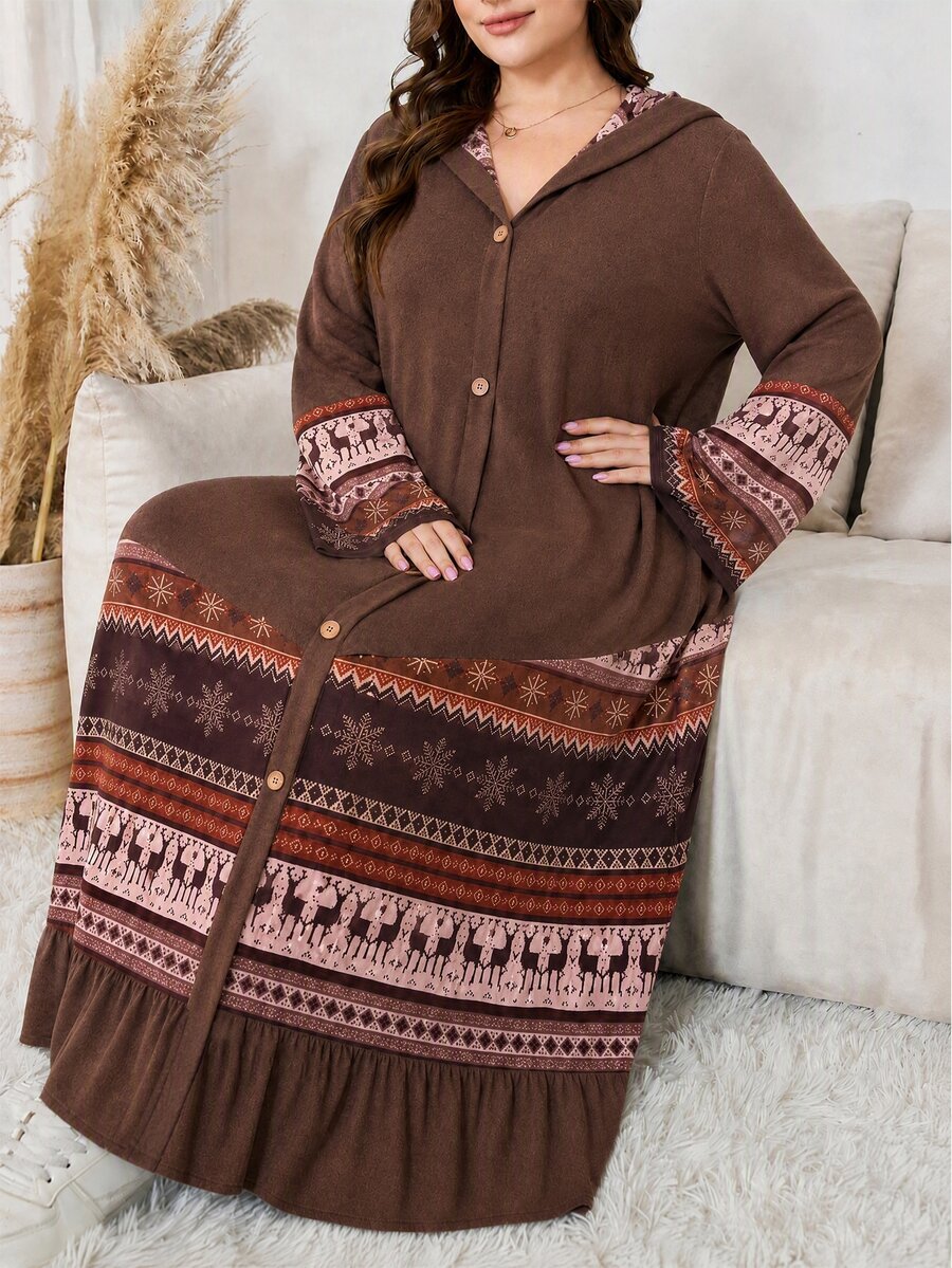 Lacomfia Autumn/Winter Elegant Casual Element Patchwork Hooded Collar Button Flared Sleeve Gathered Hem Knit Textured Long Sleeve Plus Size Women's Long Dress - Multicolor - View 1