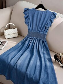 GlowEve CURVE Plus Size Fashion Button-Up Shirred Denim Dress Party Birthday Fall Casual Kawaii Formal Wedding Guest Elegant Date Night - Blue - View 2