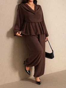 Elaquor Plus Size Women's Solid Color Cowl Neck Lantern Sleeve Blouse And Pants Elegant 2 Pieces Set - Coffee Brown - View 1
