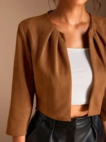SHEIN BASICS 女款素色長袖百褶開襟休閒夾克 - 棕色 - 查看 2