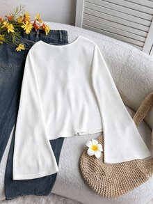 SHEIN 青少年女孩休閒純色寬鬆繫帶前襟喇叭袖上衣，適合度假、返校、教師日常穿著與外出，「老錢風」度假長袖上衣（白色/度假風/秋季風），繫帶前襟上衣、白色上衣、白色襯衫、V領上衣、長袖襯衫 - 白色 - 查看 7