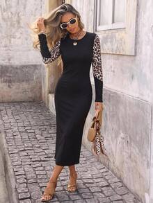 Brillora Black Leopard Sleeve Ribbed Bodycon Midi Dress For Gathering Shopping Urban Style,Daily Commute,Street Chic,Elegant Dresses,Work Dresses,Animal Print - Black - View 6