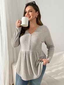 Shapeblank Plus Size Women's Solid Color Notched V-Neck Long Sleeve Button Design Casual T-Shirt - Apricot - View 5