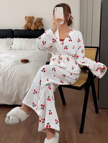 Napfluff Women's Plush Cherry Print Fitted Contrast Trim Camisole Pants And Long Sleeve Cardigan Pajama Set - White - View 5