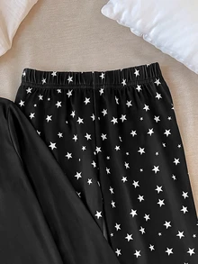 SHEIN 青少年女孩夏季黑色圓領針織雲朵與星星圖案修身長袖T恤搭配修身長褲可愛居家睡衣2件套 - 黑色 - 查看 5