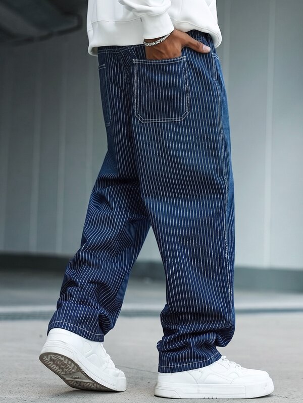 QuarKem Calças de ganga azuis com riscas verticais, estilo streetwear casual para homem