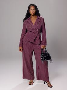 Rustia Plus Size Spring/Autumn Vintage Premium Fashion Striped Long Sleeve Waist-Cinching Slimming Blazer Suit Set - Burgundy - View 5