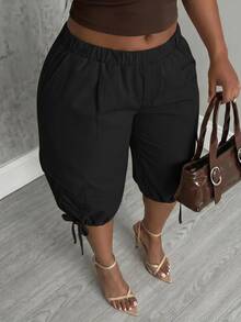 Slaydiva Plus Size Casual Versatile Ruched Tie-Up Capri Pants - Black - View 9