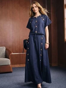 Anewsta Women's Fashion New Gorgeous Decorative Buckle Blue Jeans Skirt - Blue - View 1