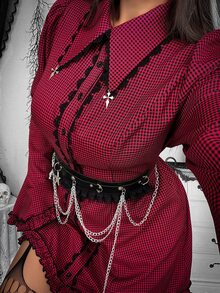 Whyspr Dark Gothic Light Punk Y2K Ruffle Lace Trim Cross Pendant Flared Sleeve Fitted Plus Size Women's Halloween Dress Fall - Red - View 1