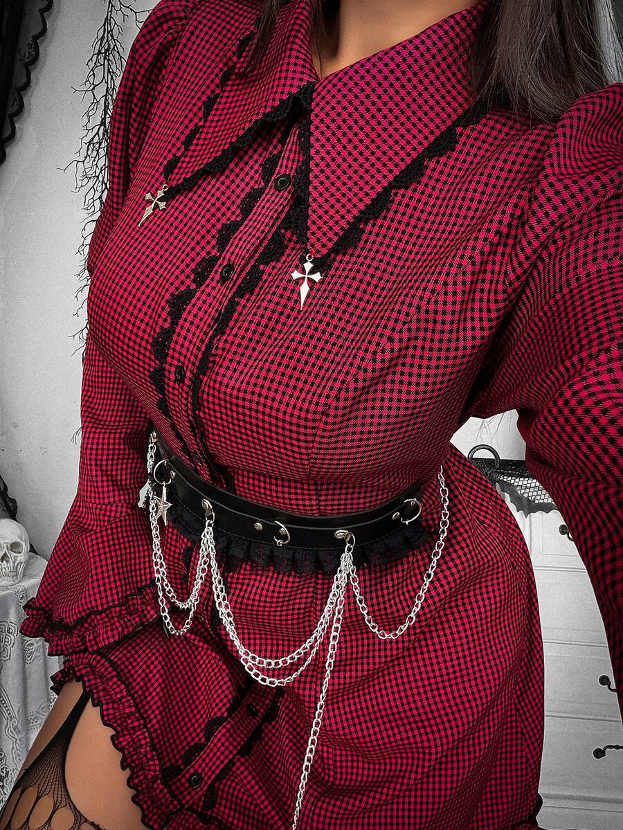 Whyspr Dark Gothic Light Punk Y2K Ruffle Lace Trim Cross Pendant Flared Sleeve Fitted Plus Size Women's Halloween Dress Fall - Red - View 1