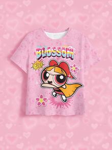 THE POWERPUFF GIRLS X SHEIN Tween Girl Letter Cartoon Print Casual Daily Short Sleeve T-Shirt - White - View 7