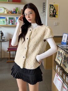 K-Vae Women's Soft Style Loose Single-Breasted Plush Layering Vest - Apricot - View 3