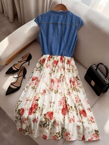 GlowEve CURVE Plus Size Floral Print Patchwork Denim Dress - Blue - View 2