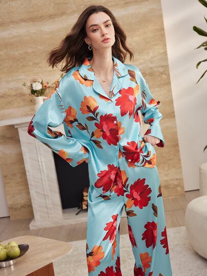 Moireta Women's Floral Print Top And Pants Pajama Set