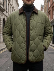 DAZY Jaket Mantel Pria Bertekstur Quilted Warna Hijau Army Patchwork - Hijau Tentara - View 5