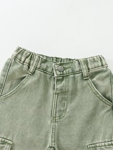 SHEIN Genkimix Kids 男童軍綠色牛仔工裝褲，冬季休閒穿搭，鬆緊腰頭設計附可調抽繩，大口袋，寬鬆直筒版型，適合上學 - 綠色 - 查看 4