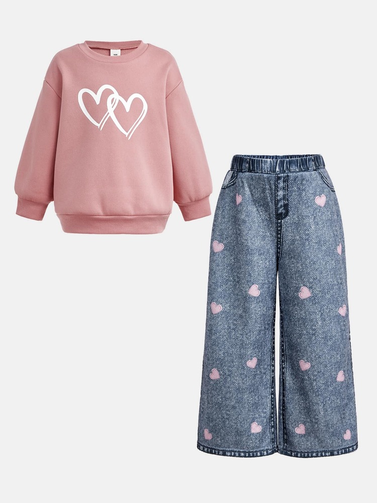 Young Girl Young Girl Cute Minimalist Hand-Drawn Heart Pattern Pink Knitted Soft Hooded Loose Long Sleeve Sweatshirt And Pants Set, Suitable For Autumn/Winter Wear - Multicolor - View 4