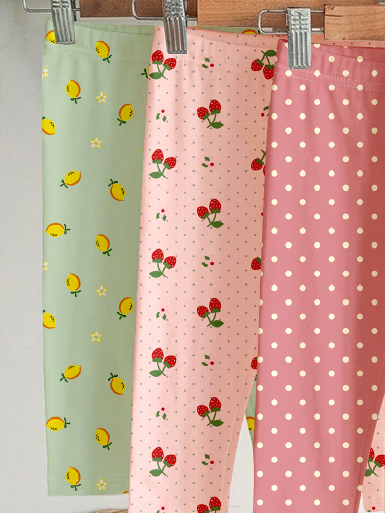 Farm & Countryside Pattern Series, Cute Mini Cherry, Lemon, Strawberry, Polka Dot Print, Sweet Girly Style, Baby Girl Casual Cute Comfortable Brushed Leggings, Elastic Leggings 4pcs Value Pack, New Style Suitable For Autumn/Winter Daily Wear, Easy To Style - Multicolor - View 6