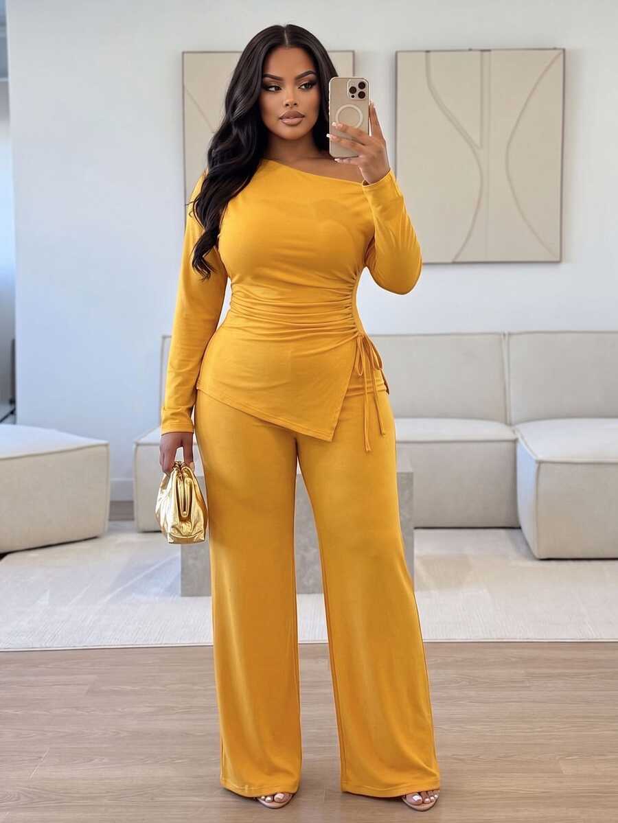 Poshavie Poshavie Plus Size Off Shoulder Ruched Drawstring 2 Pieces Set, Long Sleeve Top & Wide Leg Pants Casual Co Ord - Yellow - View 1